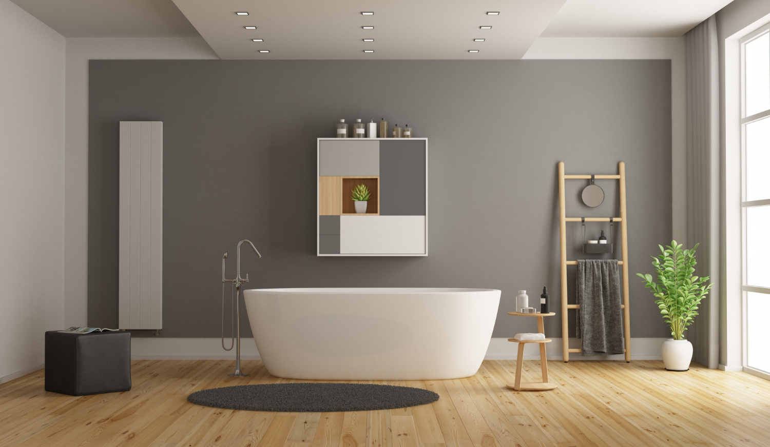 Lampu tanam yang disusun rapi pada plafon minimalis bertingkat akan membuat kamar mandi makin indah.