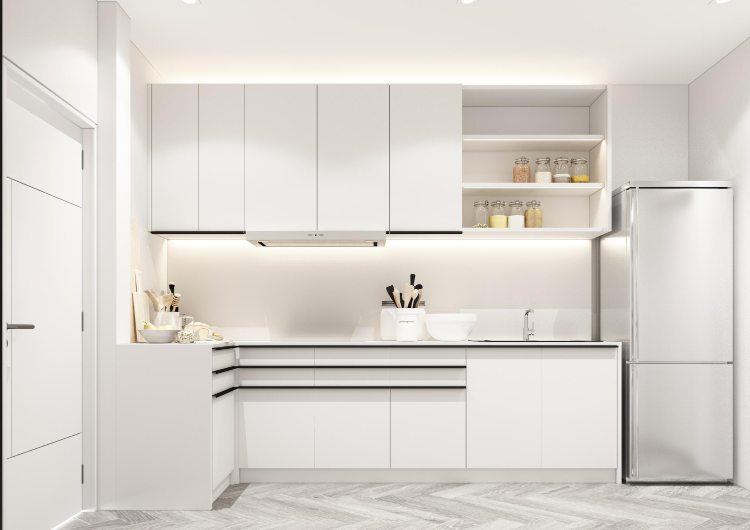 Optimalkan ruangan dapur yang terbatas dengan plafon minimalis dan ruangan yang didominasi warna putih.