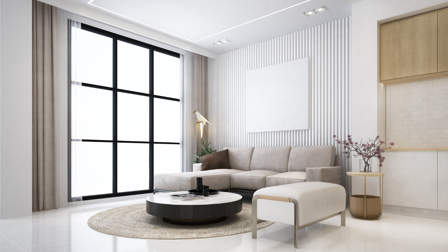 Perpaduan plafon minimalis dan interior modern menjadikan ruangan teras sleek dan lega.