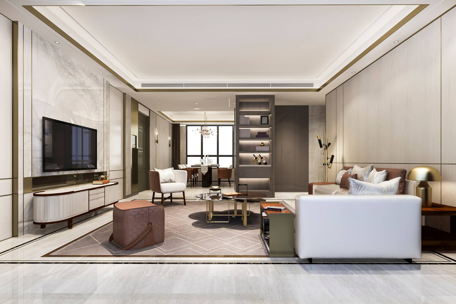 Plafon bertingkat dengan frame warna emas bisa jadi alternatif untuk mempercantik ruang tamu.