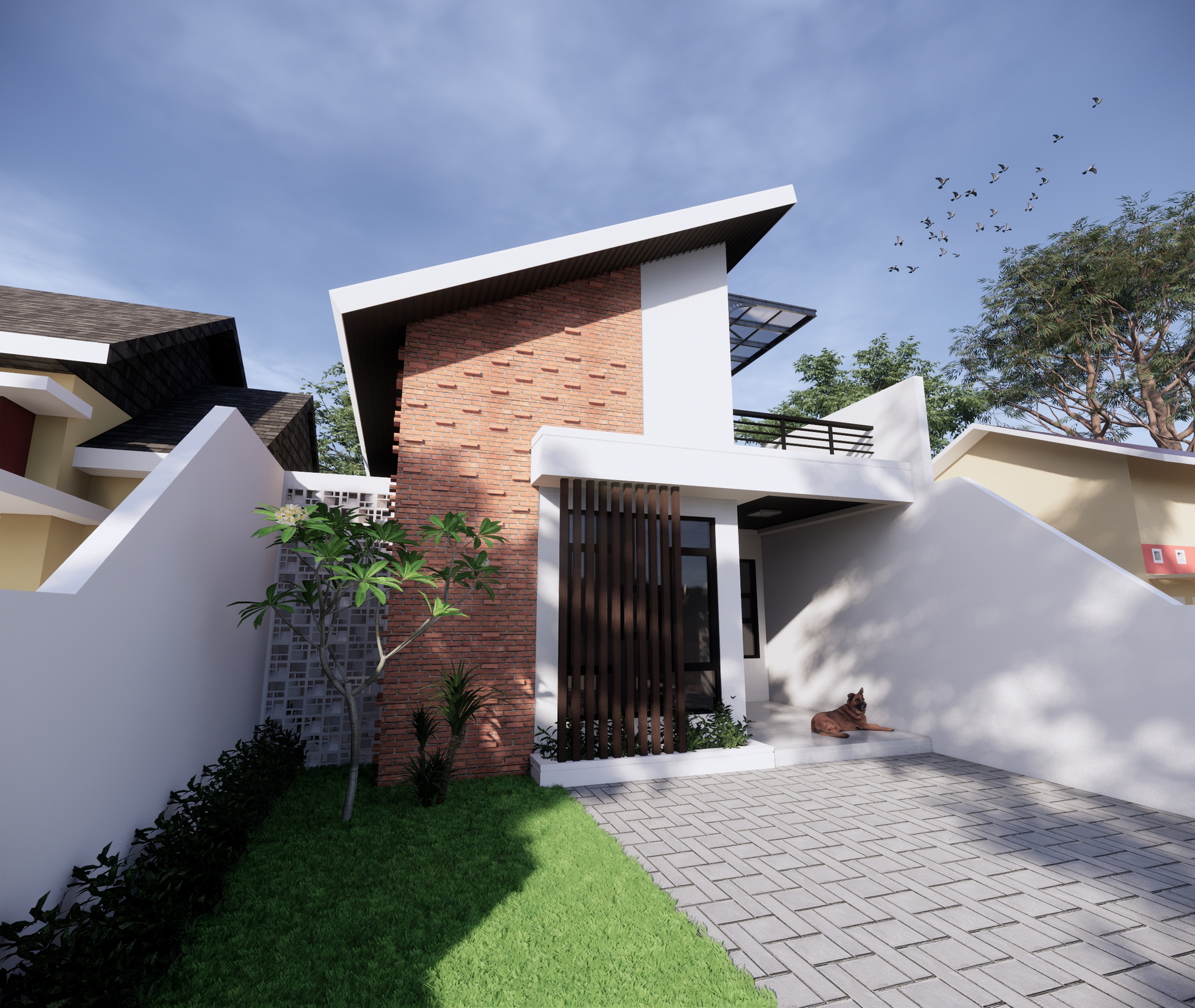 Model rumah sederhana tapi indah diagonal/horizontal flat roof terbuat dari material plat beton.