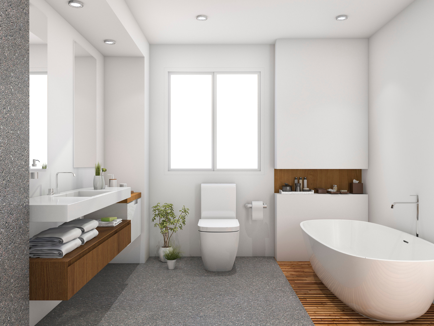 Membedakan material lantai sebagai batasan area imajiner dapat membuat kamar mandi terasa lebih luas.
