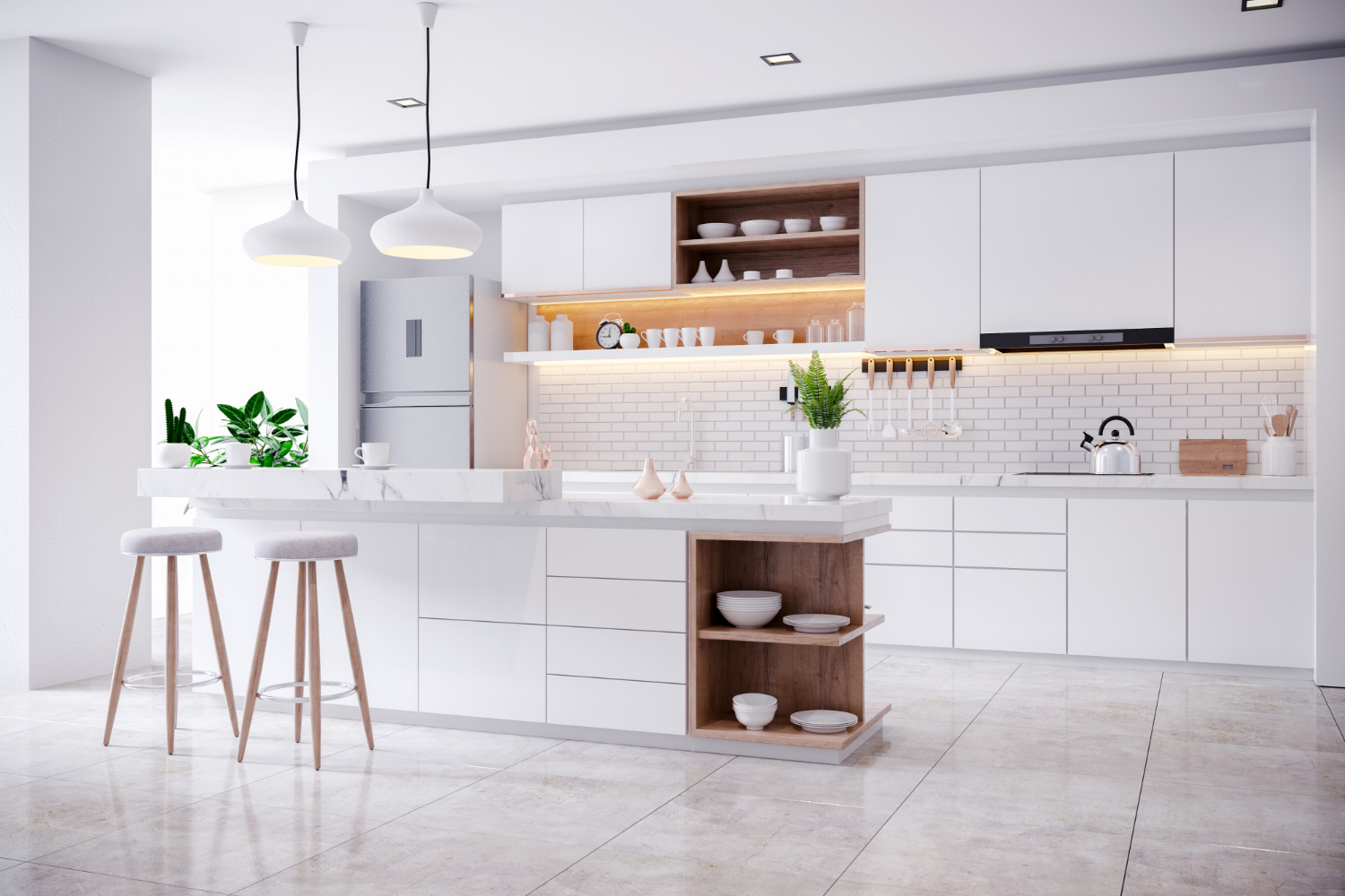 Seperti kanvas, kamu bisa padu padankan warna putih dengan banyak jenis interior kitchen.