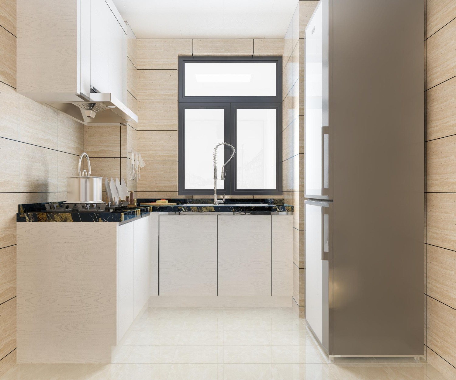 Manfaatkan lorong rumah dengan model dapur yang memberi kesan hangat.