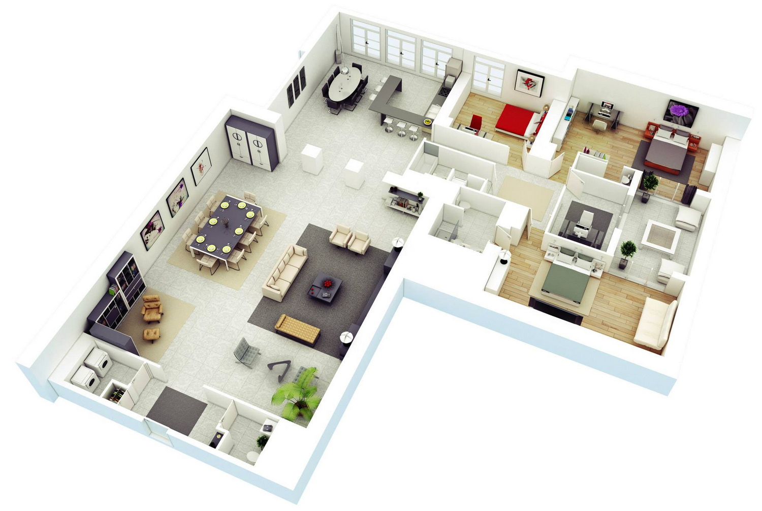 Denah berbentuk L tepat sekali untuk memisahkan area kamar tidur yang bersifat pribadi dengan area living room.