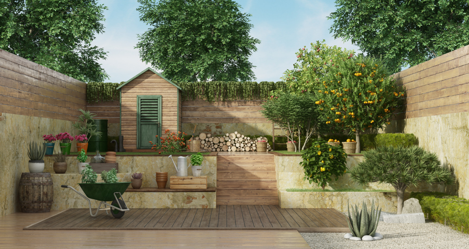 Menata taman depan rumah minimalis dengan sentuhan aksen kayu membuat tampilan taman lebih dinamis.