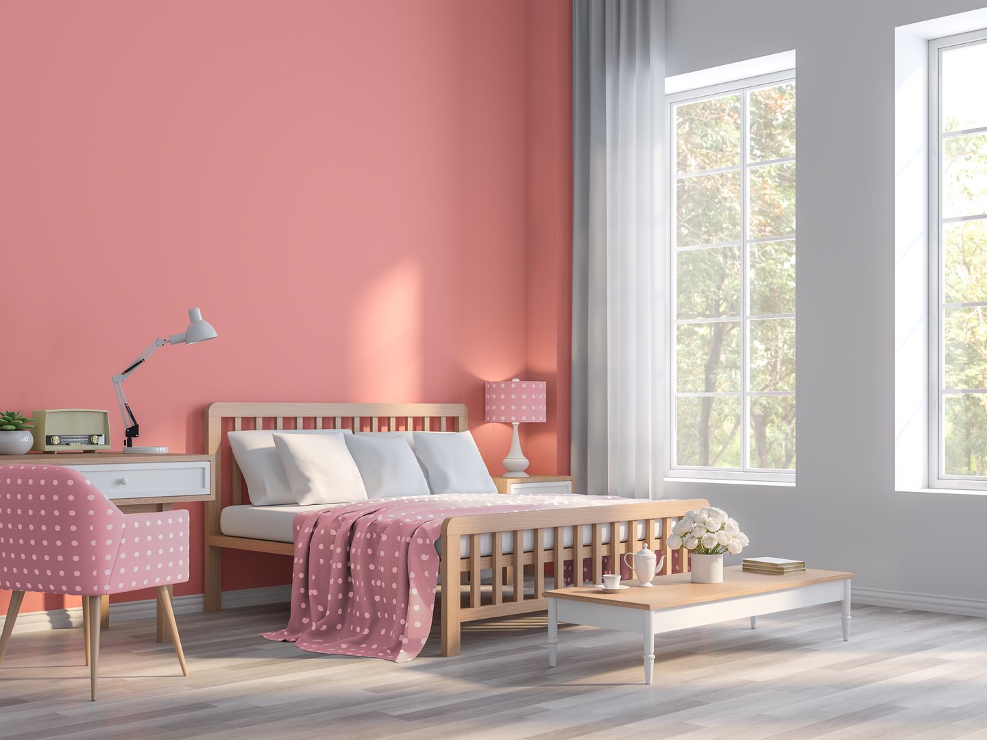 Warna cat kamar tidur yang menenangkan coral pink memberi kesan elegan dan sejuk.