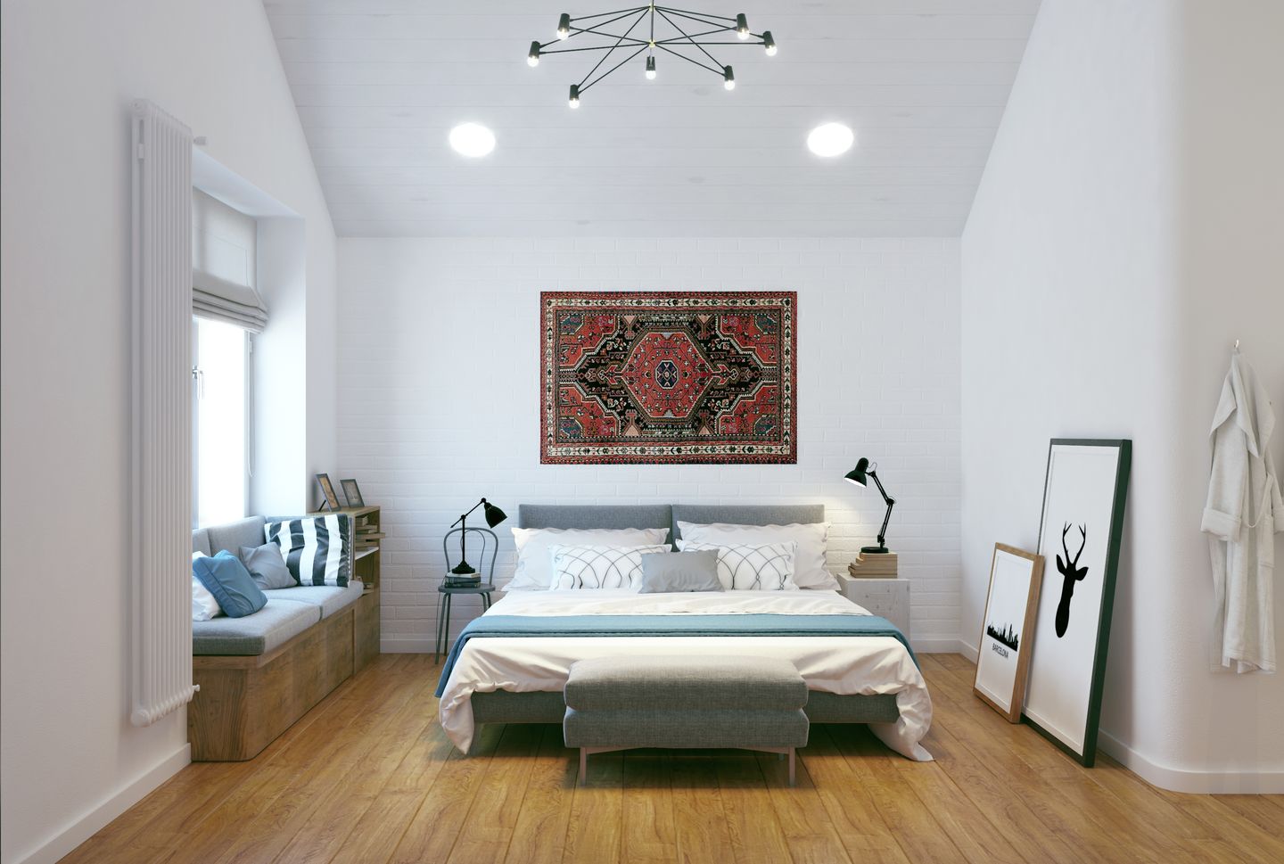 Warna cat kamar tidur yang menenangkan putih memberikan kesan hangat.