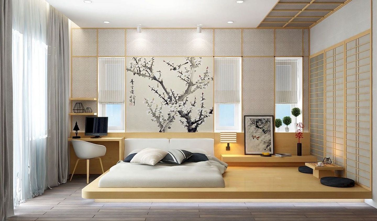Pemasangan pelat kayu besar serupa lantai bisa menjadi alternatif untuk kamu yang ingin menerapkan desain kamar minimalis ala Jepang.