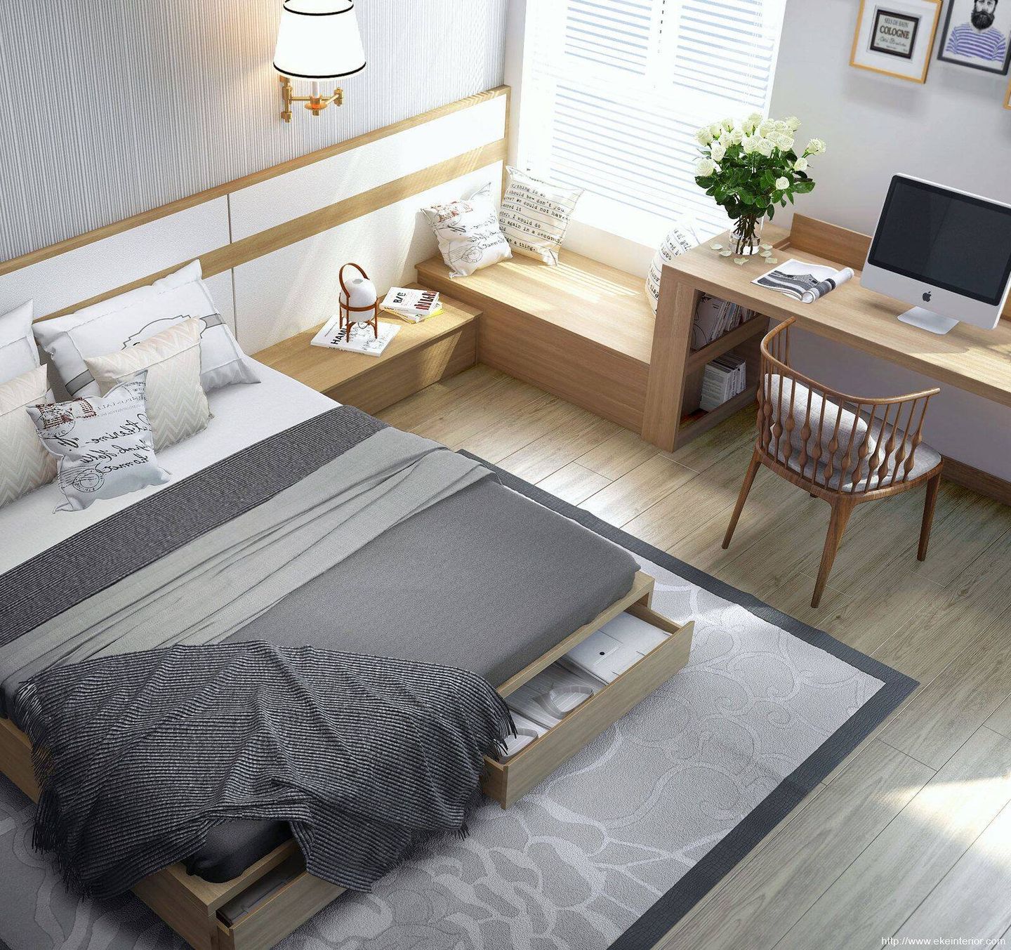 Kamar tidur ini sangat efisien berkat karakter setiap furniturnya yang multifungsi .