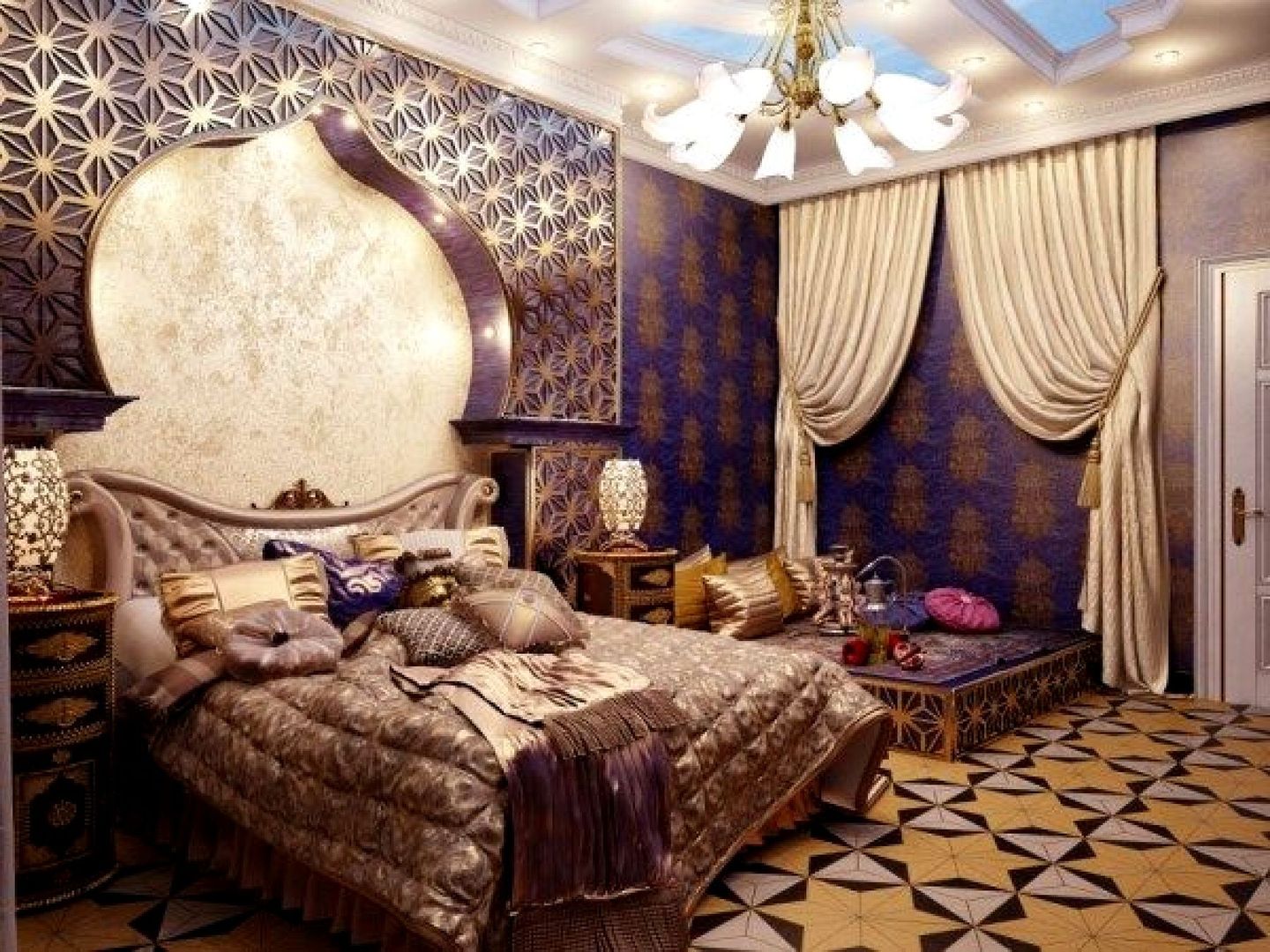 Kamar tidur mewah modern tema Arabian classic cocok untuk yang ingin suasana kamar tidur ala Arab.