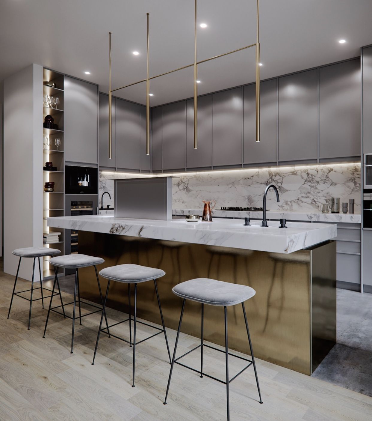 Konsep hunian modern banyak mengusung model kitchen set minimalis mewah mini bar.