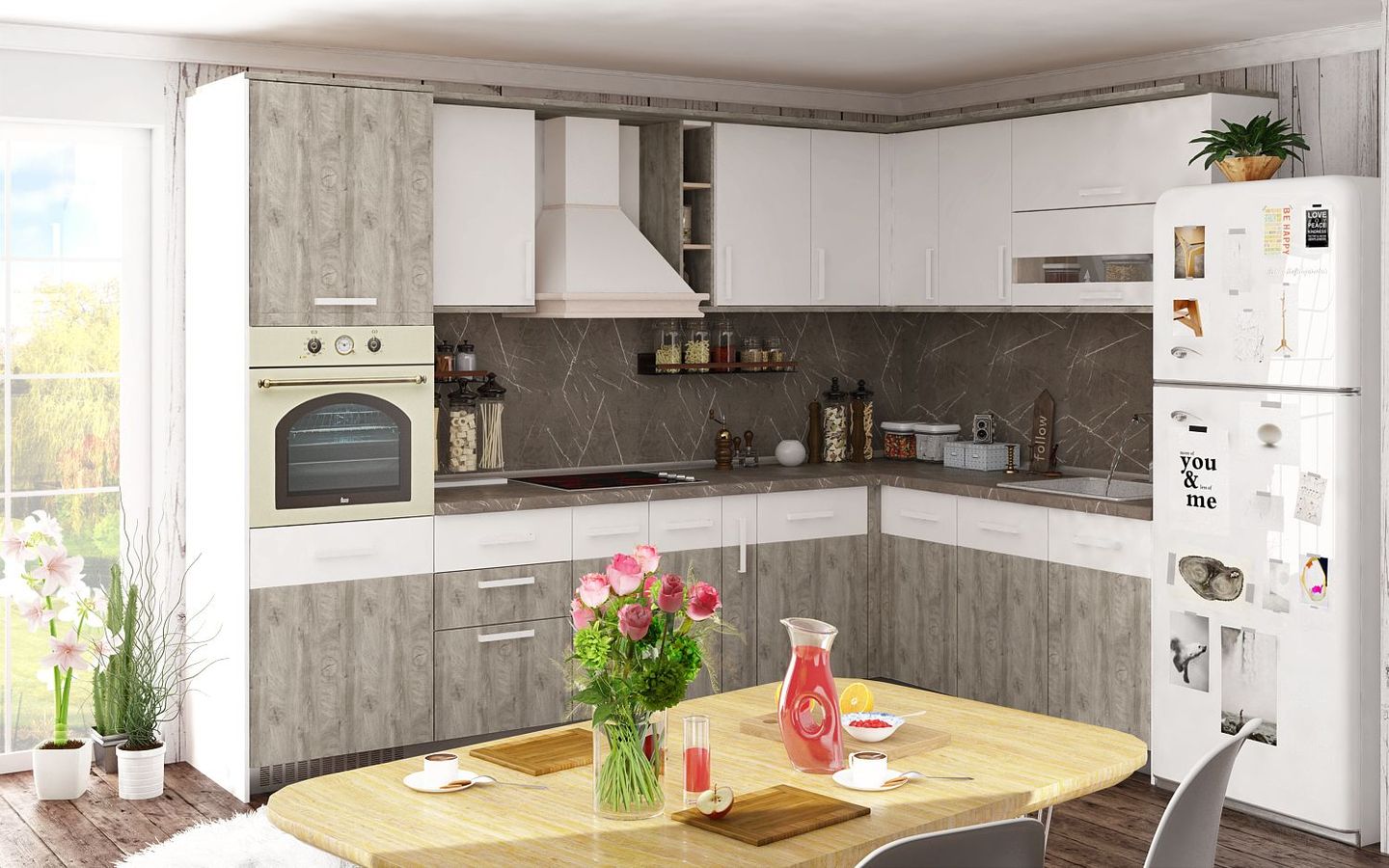 Model kitchen set minimalis mewah dan elegan urban style terbuat dari perpaduan material kayu dan batu alam.