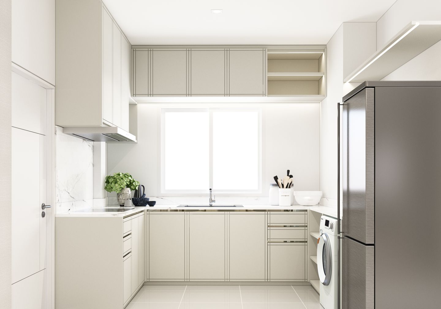 Desain dapur letter u yang menawan dengan interior berwarna putih.