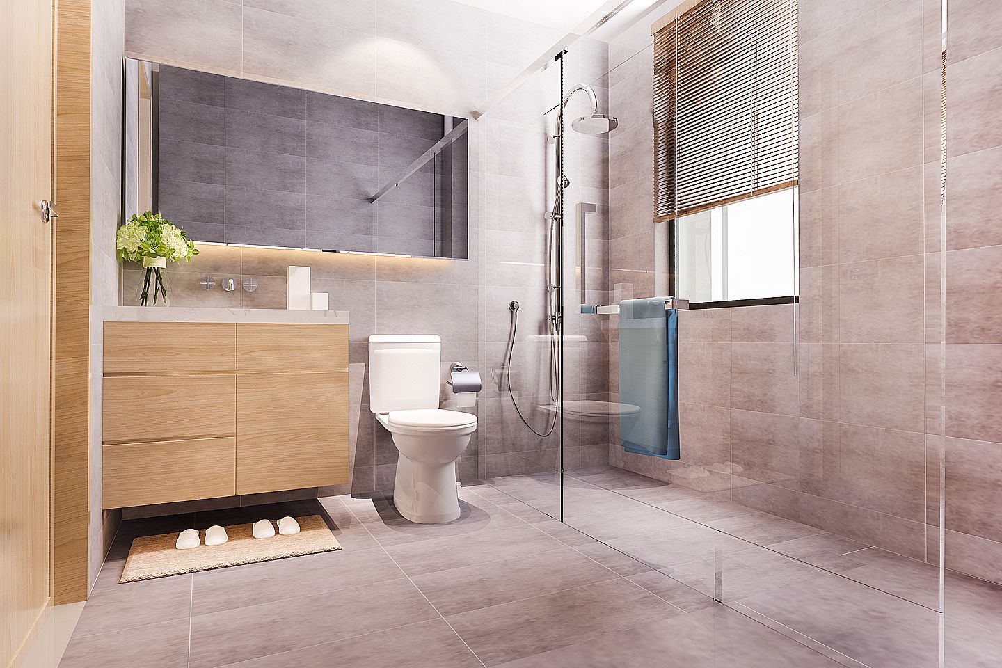 Penggunaan shower bisa digunakan untuk memaksimalkan ruang yang ada di kamar mandi.