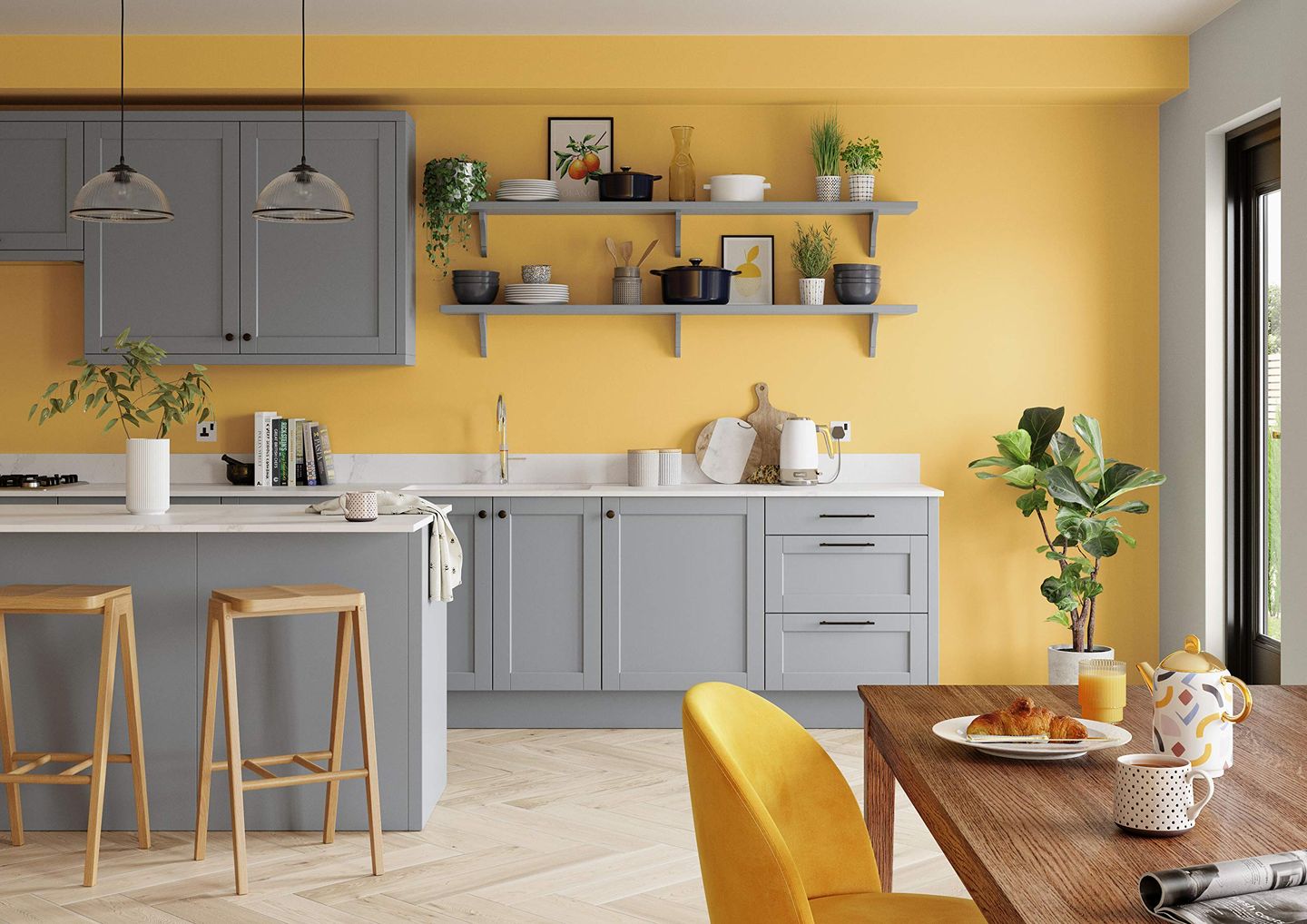 Cat rumah warna kuning bisa digunakan di ruang makan, ruang keluarga, ataupun dapur.