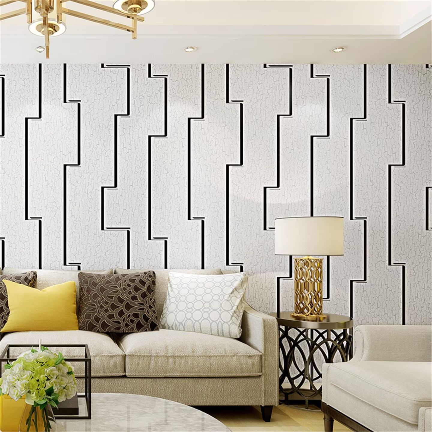 Gunakan wallpaper 3D untuk menghadirkan focal point di ruang tamu.