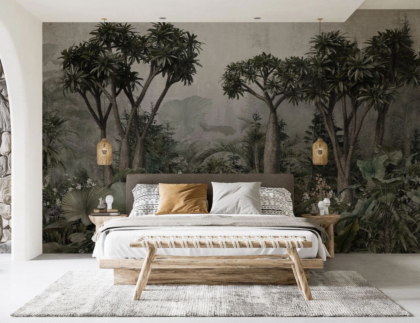 Penggunaan wallpaper motif bernuansa alam membuat kamar tidur menjadi lebih estetik.