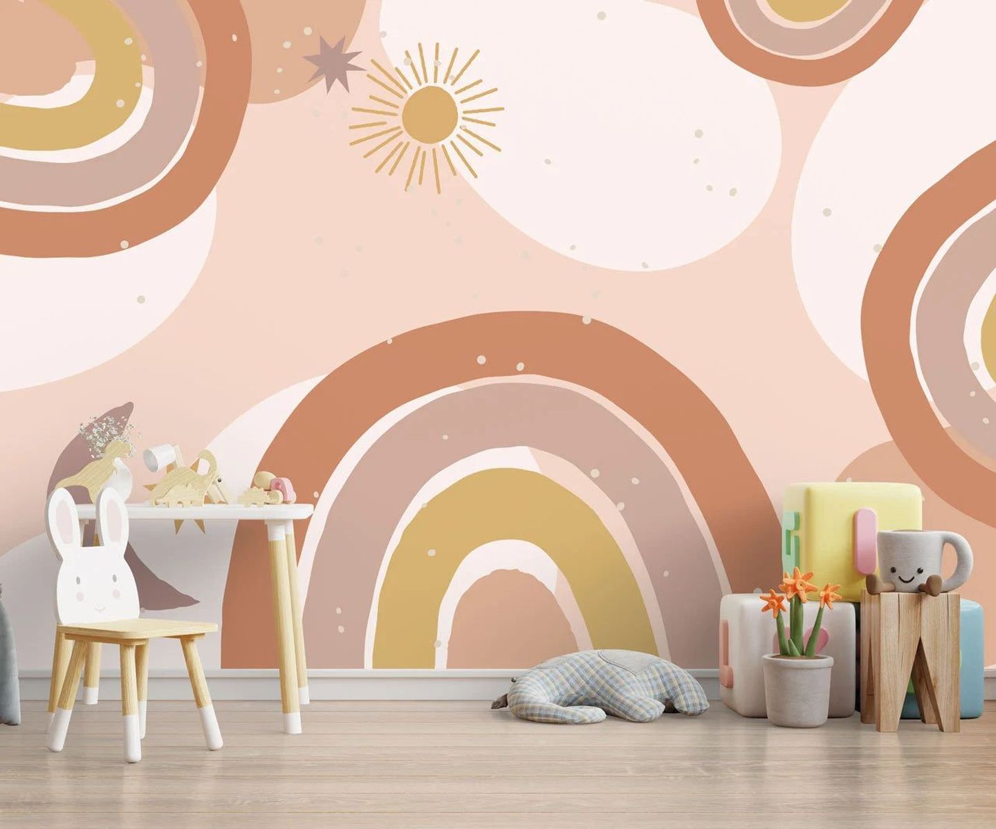 Perpaduan motif wallpaper pelangi dengan warna pastel sangat cocok digunakan pada kamar tidur anak perempuan.