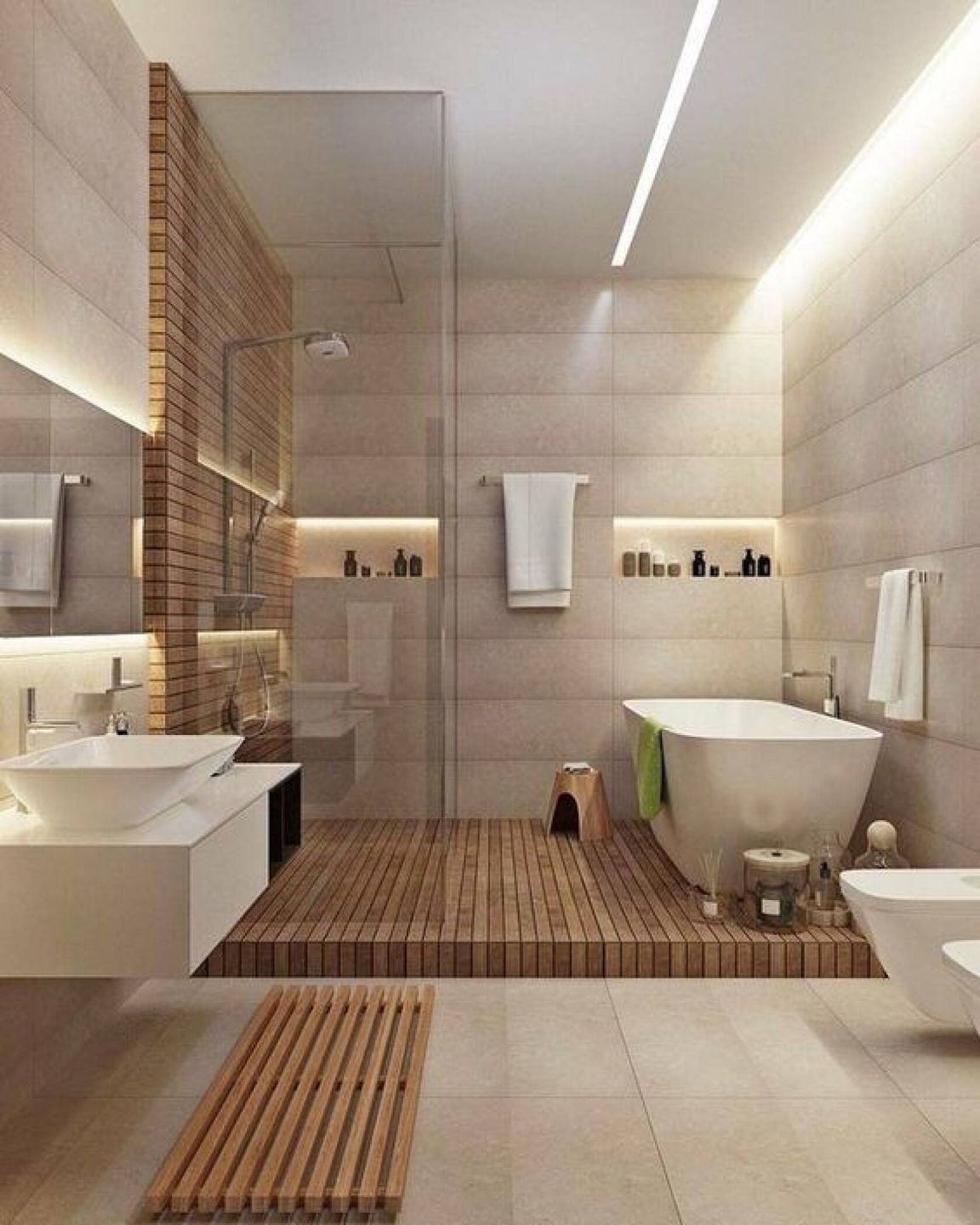 Kamu bisa menambahkan aksen kayu untuk menghangatkan suasana di dalam kamar mandi.