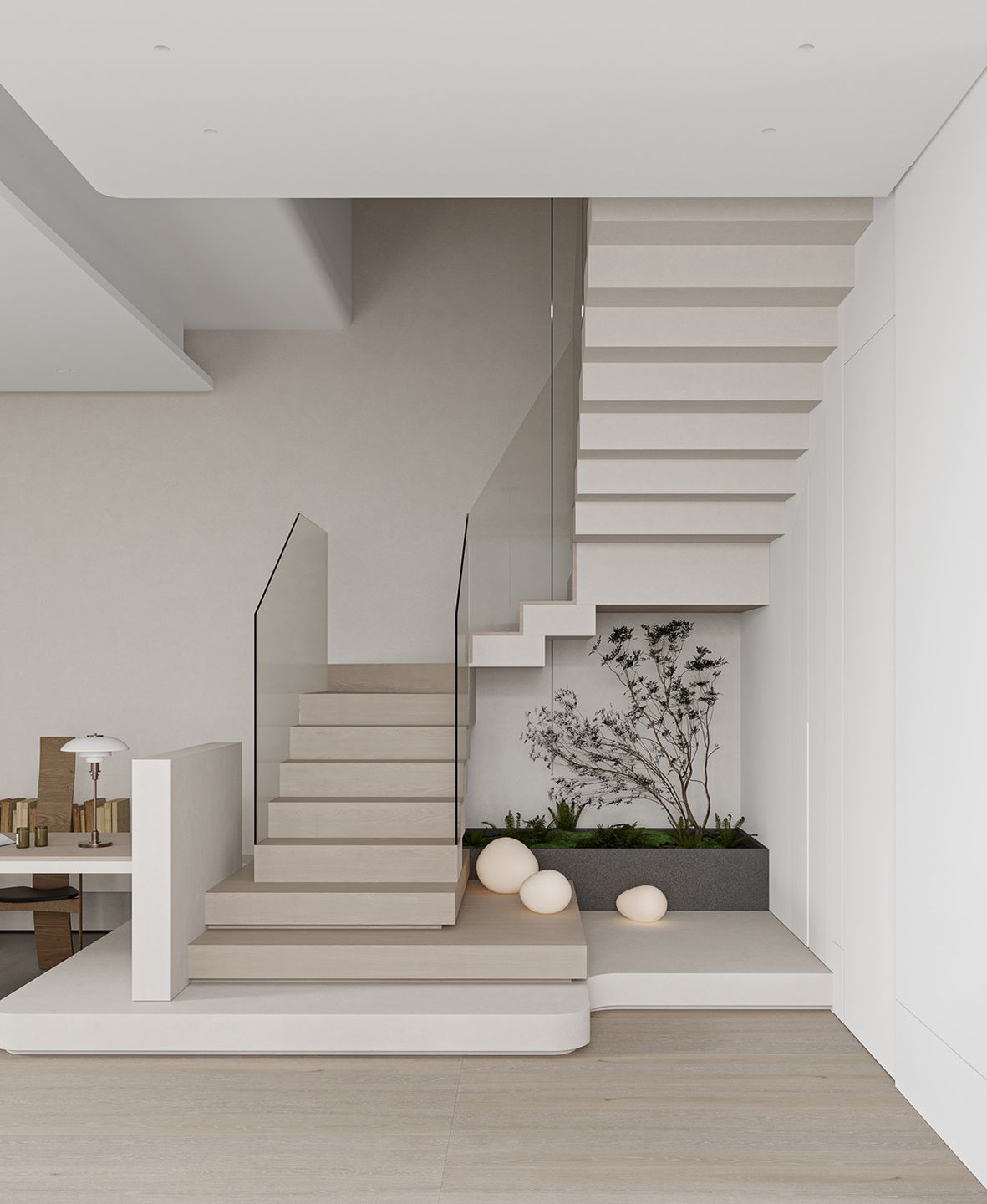 Pertimbangkan desain langkan dan sistem pencahayaan saat kamu ingin menghadirkan tangga modern minimalis.
