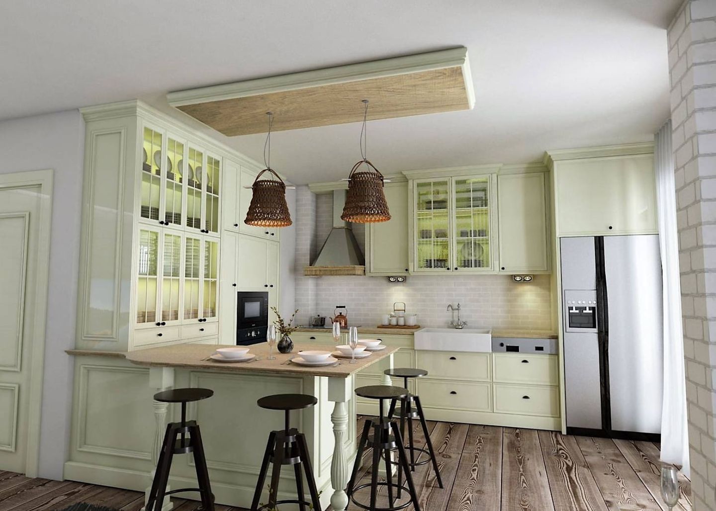 Tampilan dapur 3x2 gaya klasik sangat elegan lewat warna green sage muda pada kitchen set-nya.