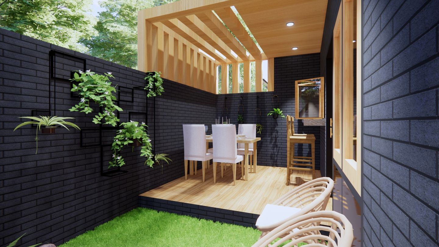 Lahan rumah ukuran 3x2 dapat dibuat dapur mini bar semi-outdoor.